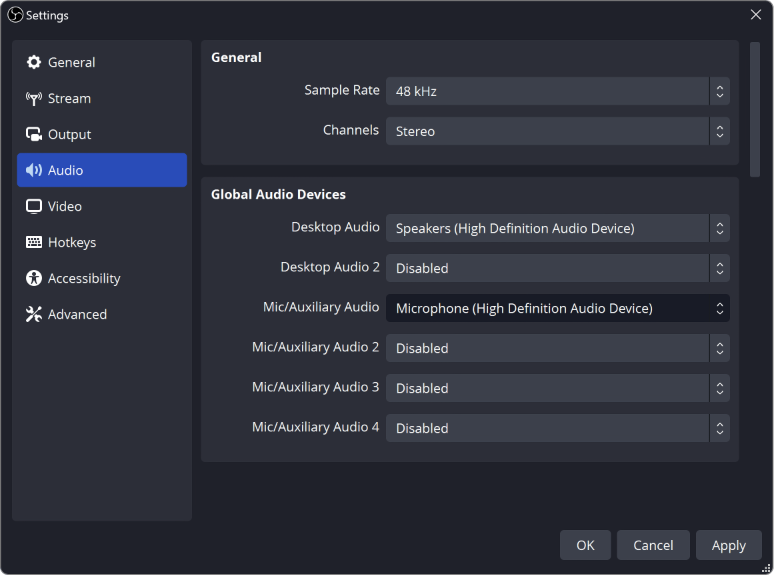 Settings window showing global audio devices