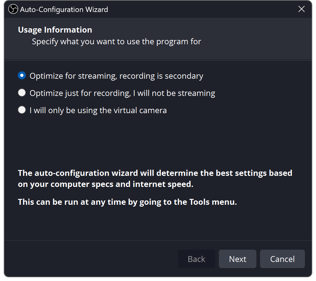 The Auto-Configuration Wizard window